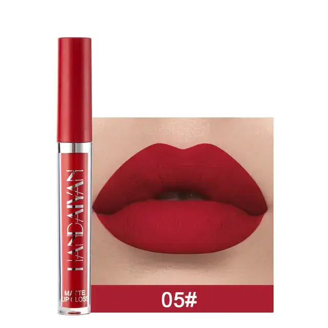 Red shade from the 6PC Matte Velvet Lip Gloss Set showing rich, long-lasting color and waterproof finish.