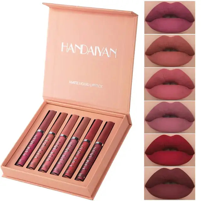 6PC Matte Velvet Lip Gloss Set in box with sample swatches showcasing six mesmerizing shades, essentials for beauty.