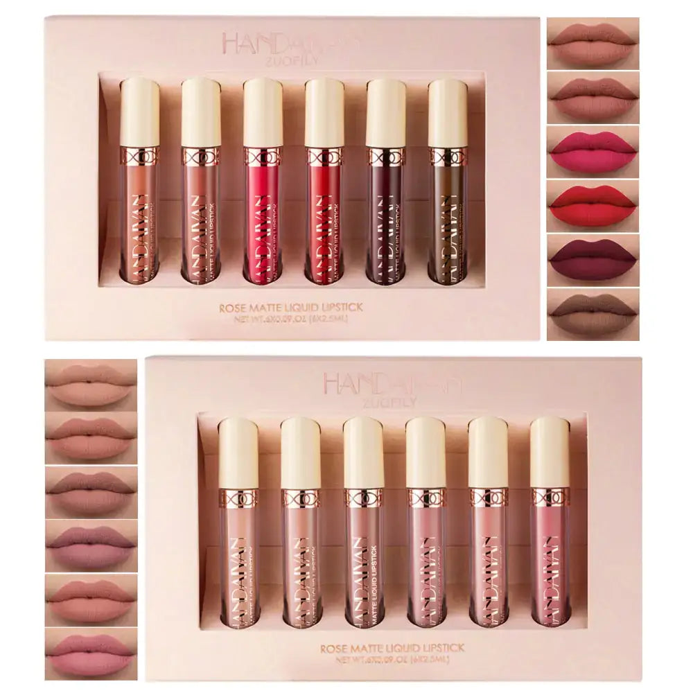 Essentials for beauty - 6PC Matte Velvet Lip Gloss Set in various shades, showcasing long-lasting and waterproof perfection.