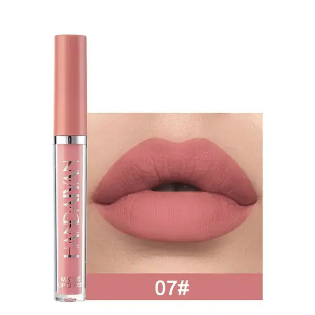 Matte Velvet Lip Gloss in shade 07# showcasing a soft, long-lasting pink color for modern beauty essentials.