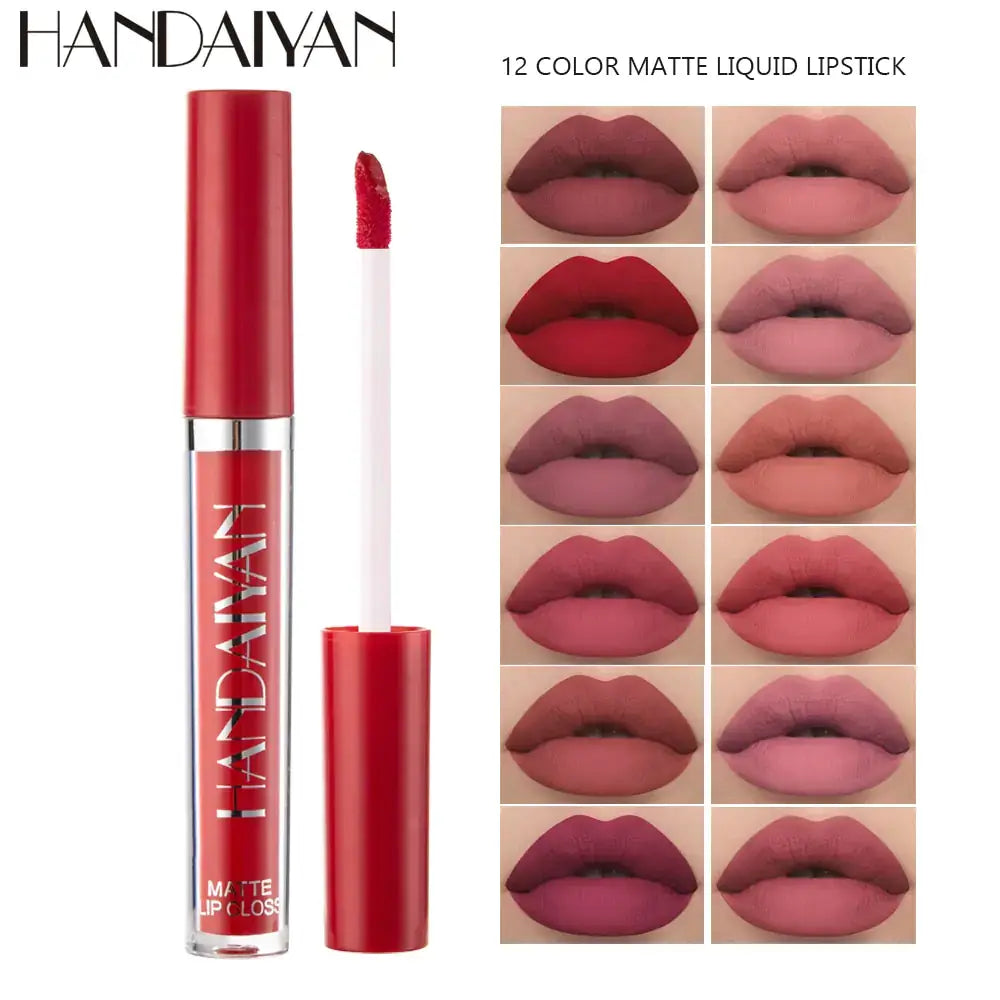 12 Color Matte Liquid Lipstick Set by Handaiyan showing various lip shades with a red lipstick tube. Essentials for beauty.