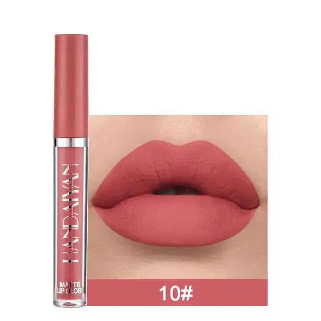 Matte velvet lip gloss in shade #10 showcased with a close-up of lips wearing the dazzling pink hue, essentials for beauty.