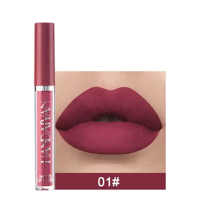 6PC Matte Velvet Lip Gloss in shade 01 featuring a goddess-inspired finish, a beauty essential for long-lasting, waterproof perfection.