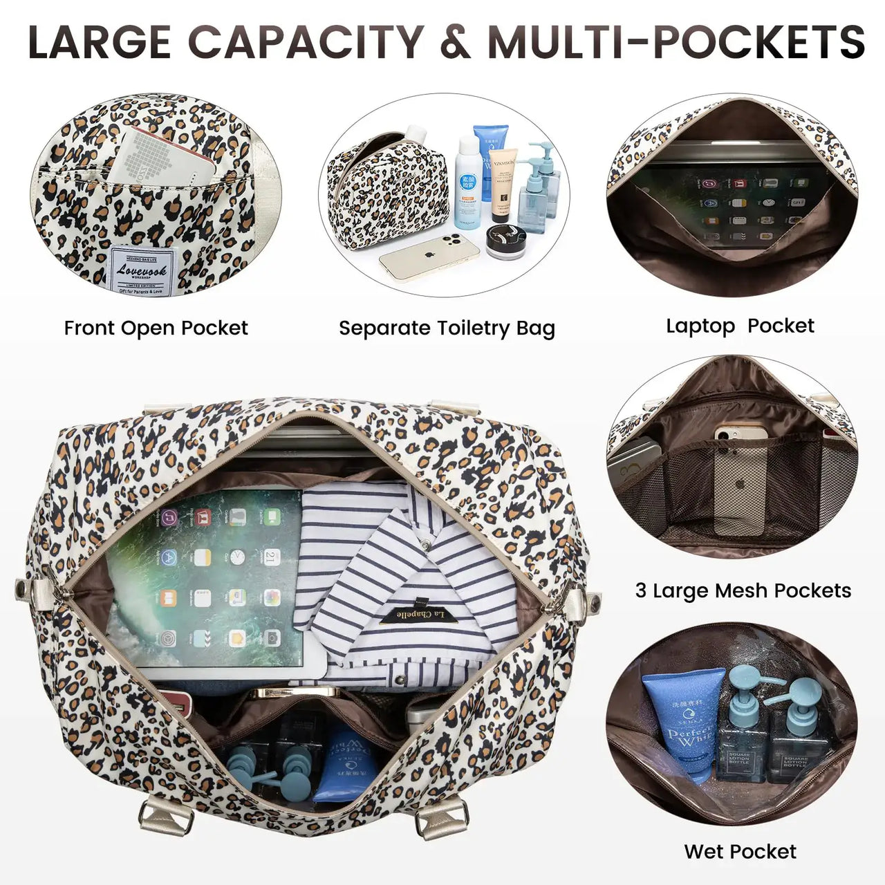 Leopard print duffel travel bag