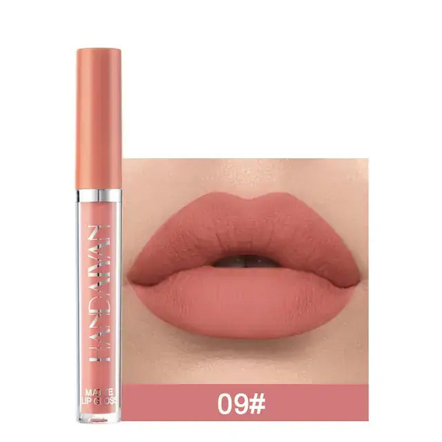 Matte Velvet Lip Gloss in shade 09# swatched on lips, essentials for beauty.