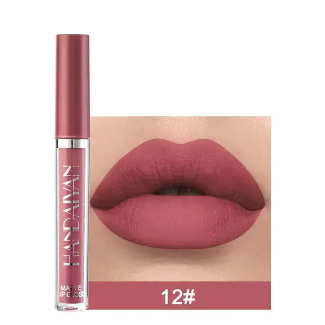 Matte Velvet Lip Gloss in shade 12#, essentials for beauty, showcasing smooth long-lasting coverage on lips.