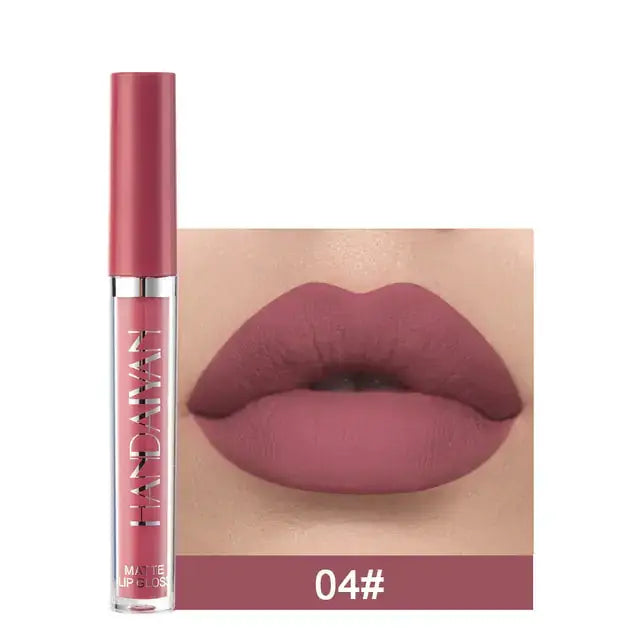 "Handaiyan Matte Lip Gloss in shade 04 with waterproof, long-lasting finish for essential beauty"